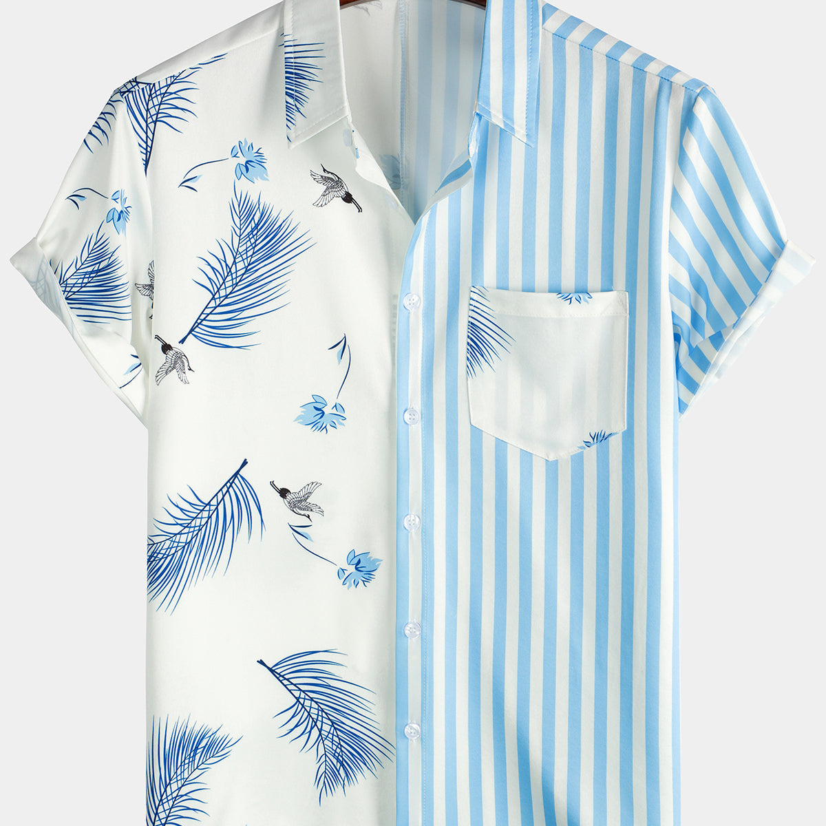 Men's Blue Striped & Leaf  Print Summer Short Sleeve Shirt