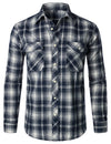 Men's Flannel Double Pocket Checkered Button Up Long Sleeve Casual Plaid Shirt