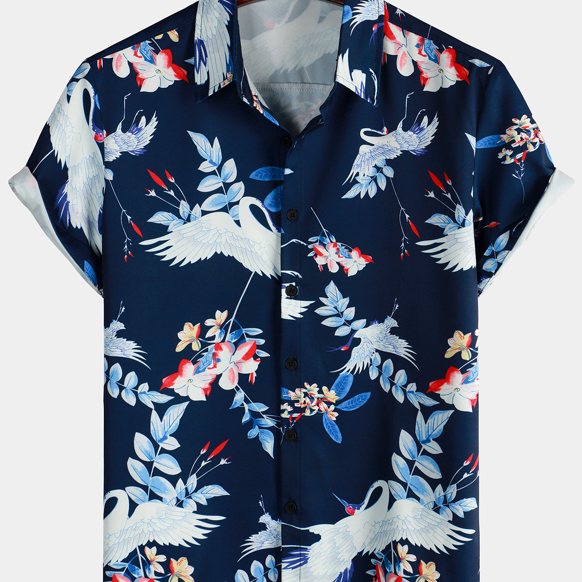 Men's Retro Crane Bird Floral Print Holiday Navy Blue Hawaiian Short Sleeve Shirt