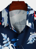 Men's Retro Crane Bird Floral Print Holiday Navy Blue Hawaiian Short Sleeve Shirt