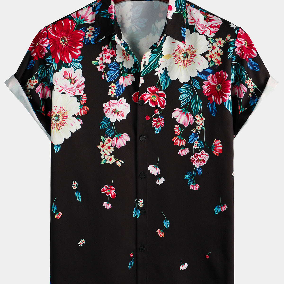Men's Floral Print Summer Casual vintage Button Up Black Short Sleeve Shirt