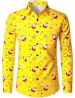 Men's Christmas Print Santa Cotton Soft Regular Fit Yellow Long Sleeve Shirt