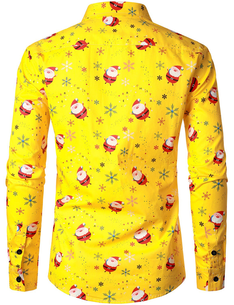 Men's Christmas Print Santa Cotton Soft Regular Fit Yellow Long Sleeve Shirt