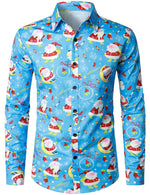 Men's Christmas Santa Print Regular Fit Blue Button Down Long Sleeve Dress Shirt