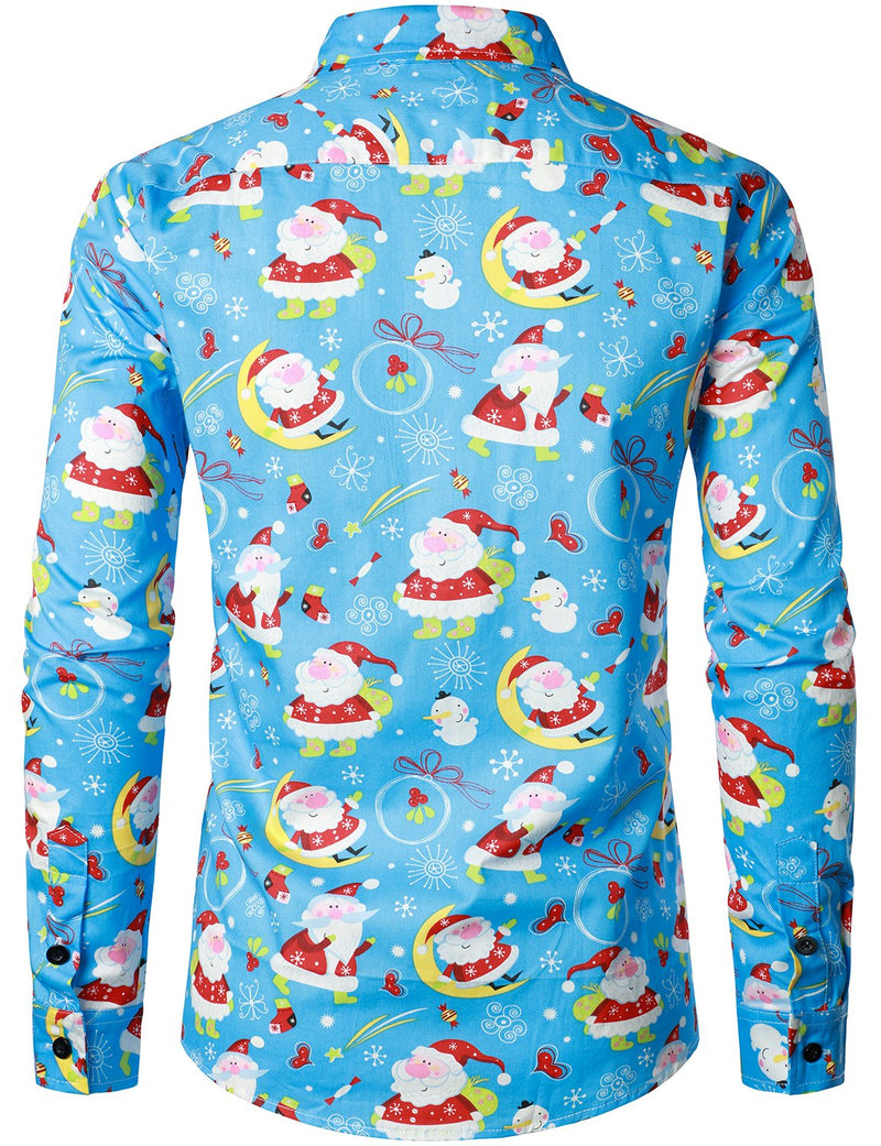 Men's Christmas Santa Print Regular Fit Blue Button Down Long Sleeve Dress Shirt