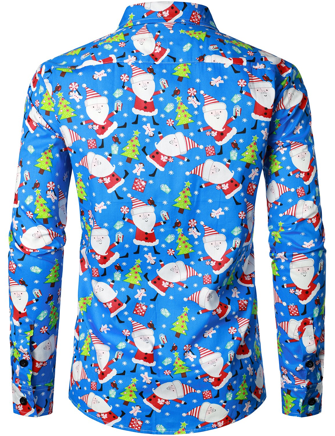 Men's Christmas Print Regular Fit Blue Long Sleeve Santa Dress Shirt