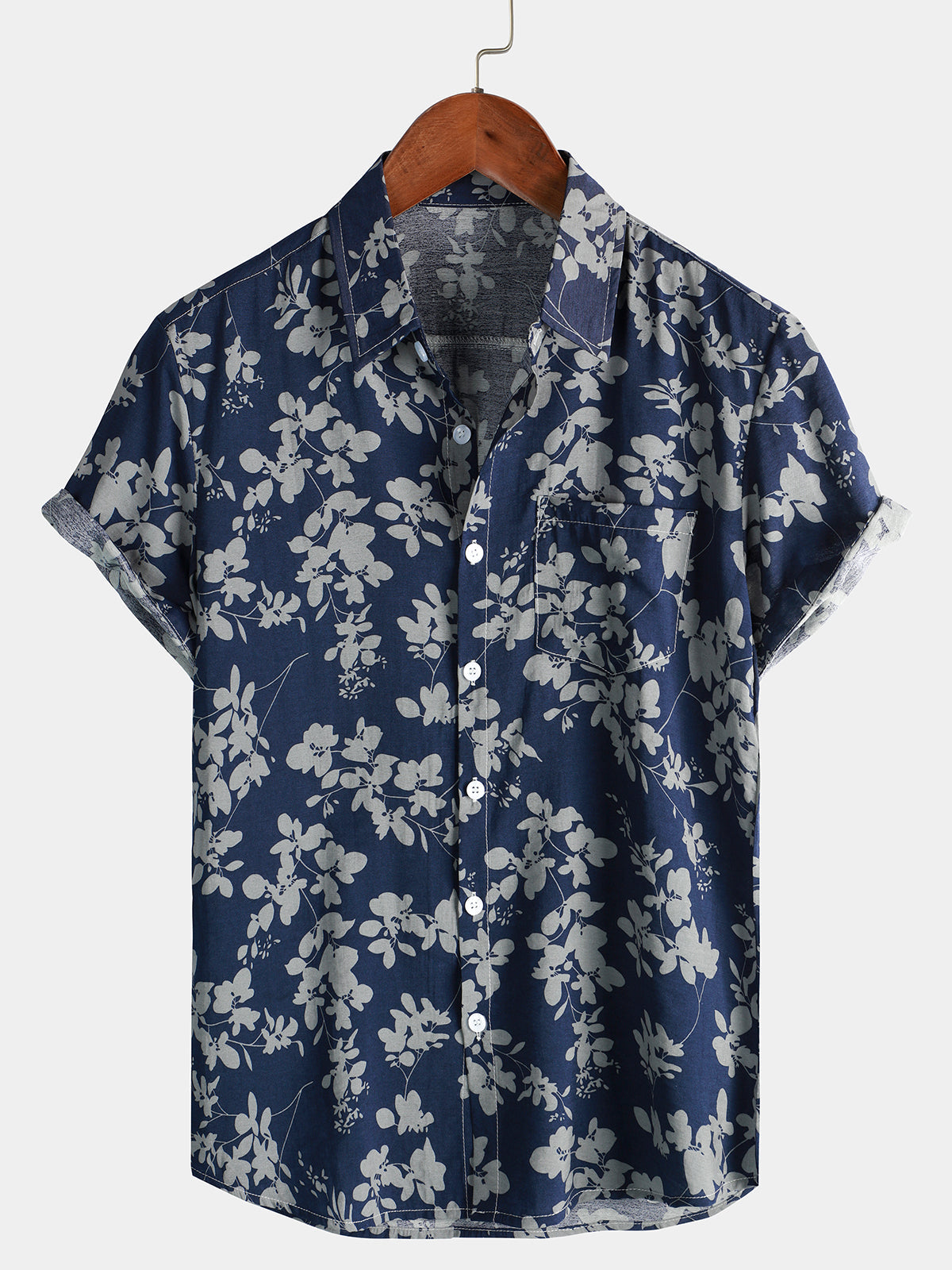 Men's Vintage Floral Print Holiday Navy Blue Button Up Short Sleeve Shirt