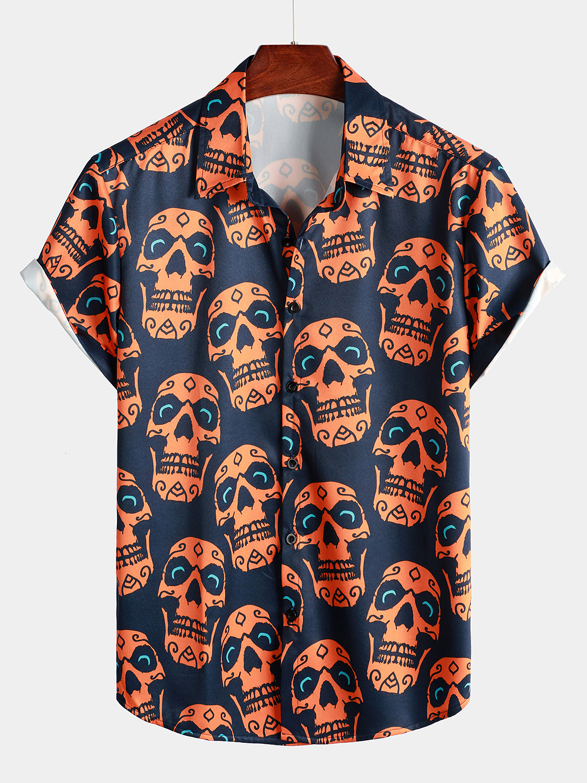 Men's Funny Skull Print Navy Blue Short Sleeve Shirt