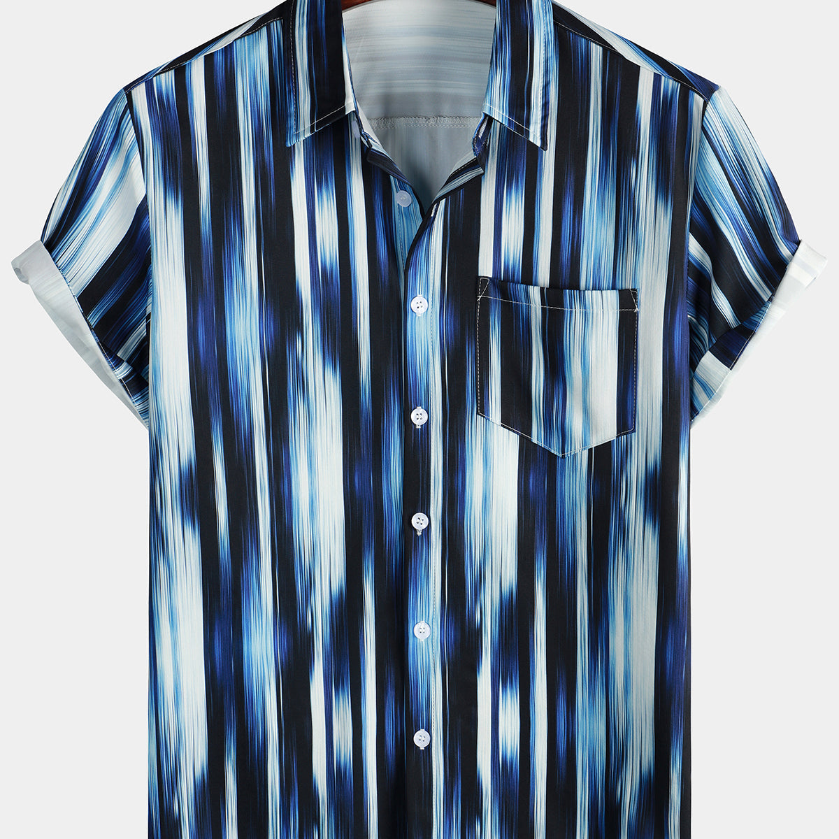 Men's Retro Blue and White Striped Summer 70s Button Pocket Short Sleeve Shirt