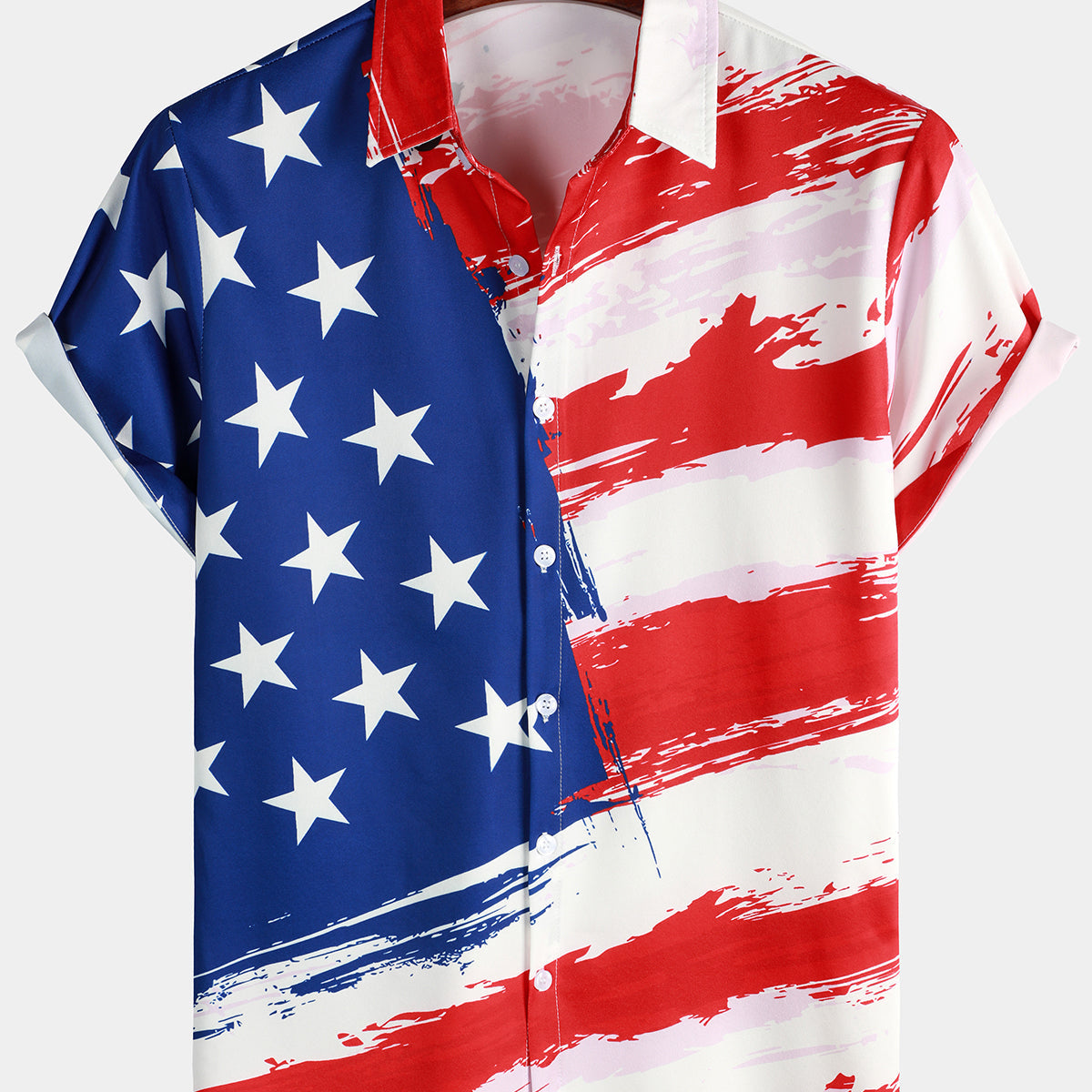 Men's American USA Flag Print Patriotic Short Sleeve Button Up Shirt