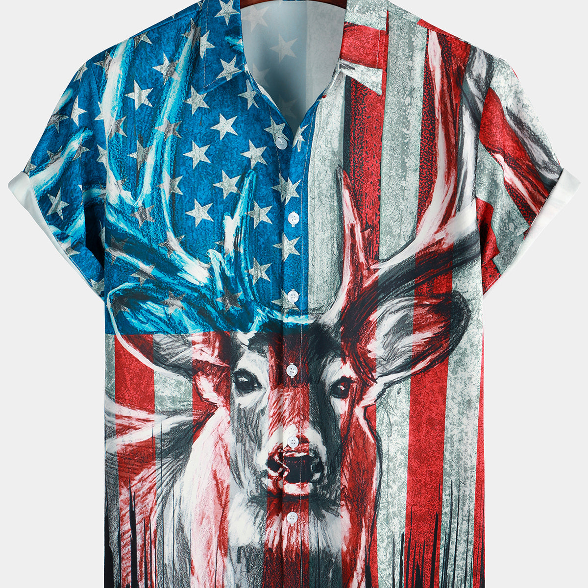 Men's American USA Flag Deer Print Patriotic Short Sleeve Button Up Shirt