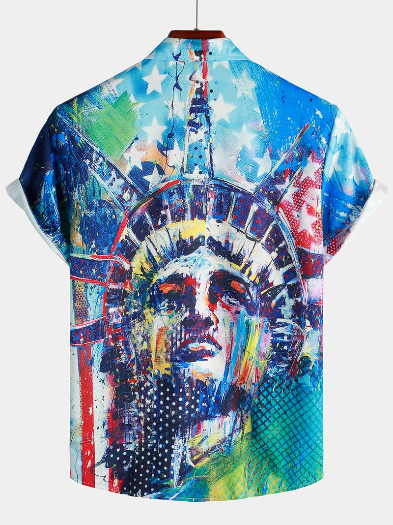 Men's Statue of Liberty American Print Patriotic Summer Short Sleeve Button Up Shirt
