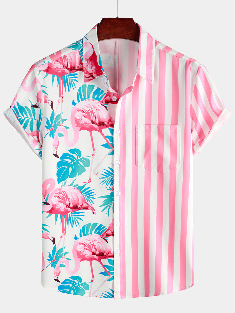 Men's Flamingo & Leaf Print Tropical Striped Short Sleeve Hawaiian Shirt