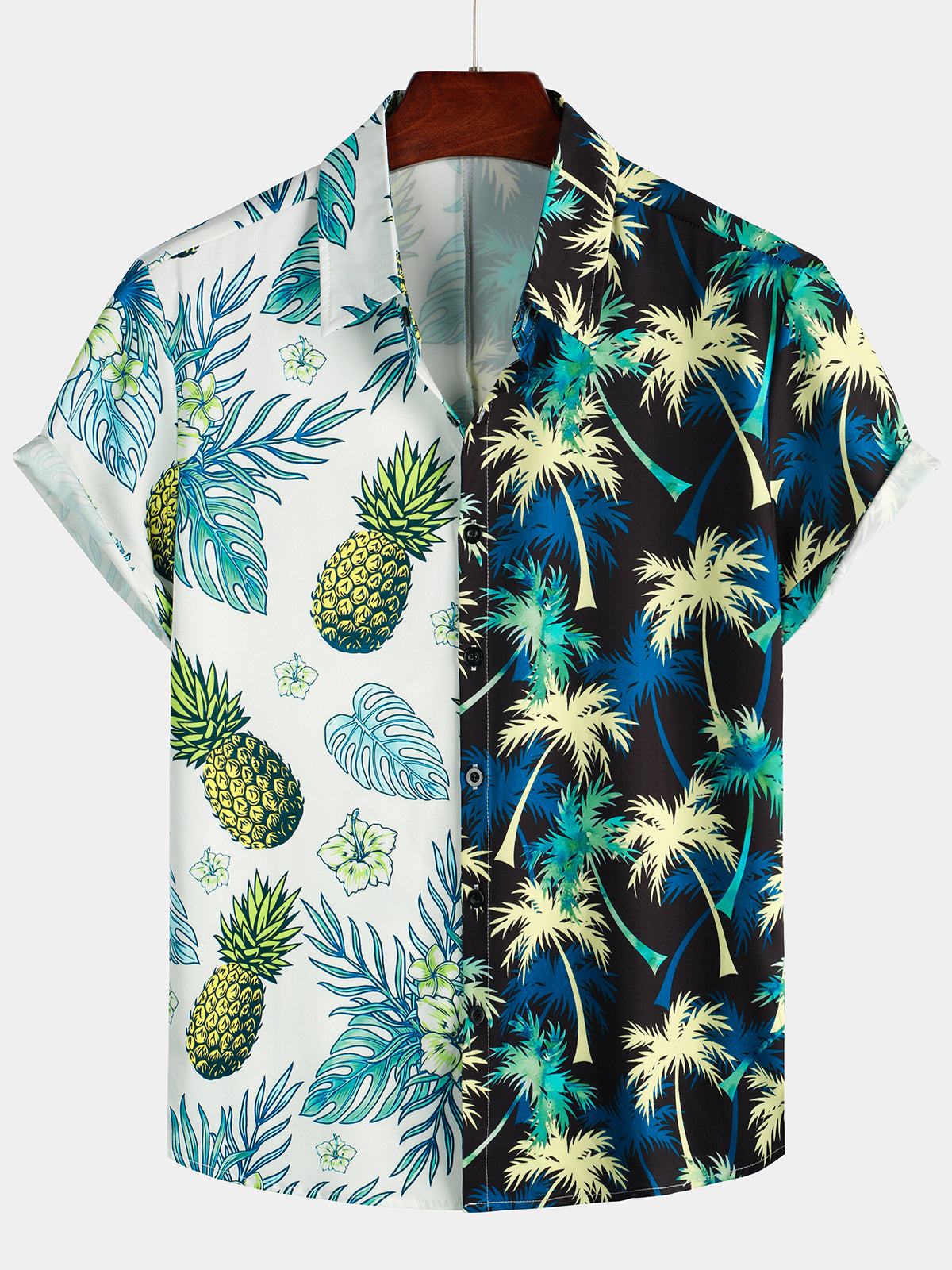 Men's Tropical Pineapple Coconut Tree Print Holiday Short Sleeve Shirt