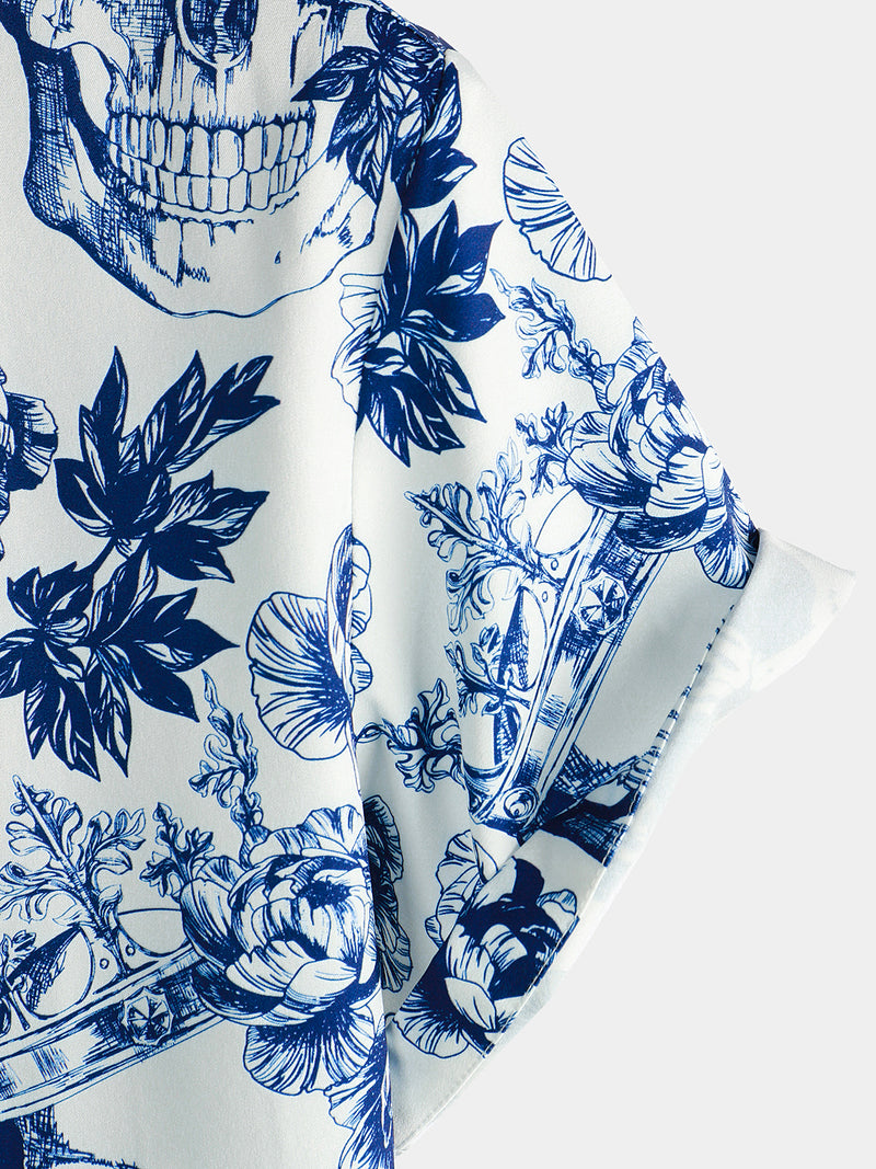 Men's Punk Rock Crown Floral Skull Print Short Sleeve Shirt