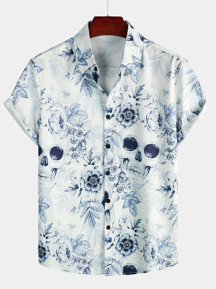 Men's Skull Floral Print Casual Lapel Button Short Sleeve Shirt – Atlanl