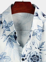 Men's Skull Floral Print Casual Lapel Button Short Sleeve Shirt