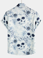 Men's Skull Floral Print Casual Lapel Button Short Sleeve Shirt