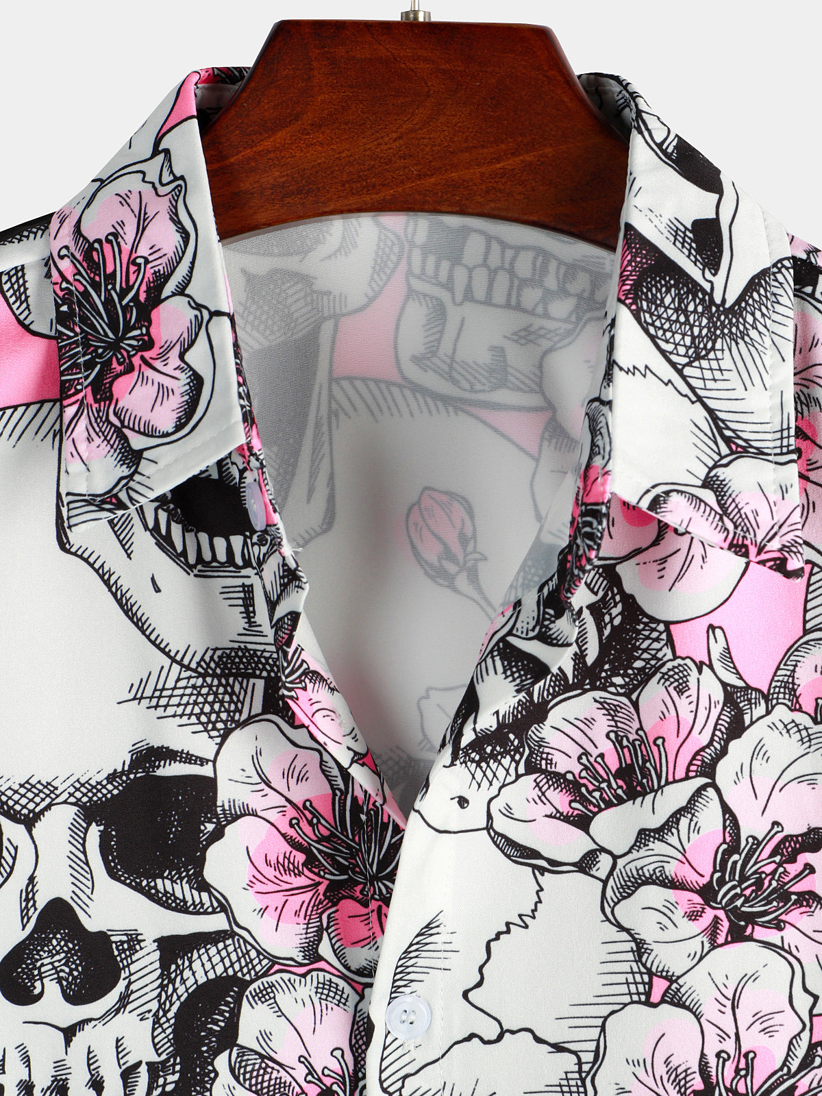 Men's Skull Pink Flowers Button Up Short Sleeve Shirts – Atlanl