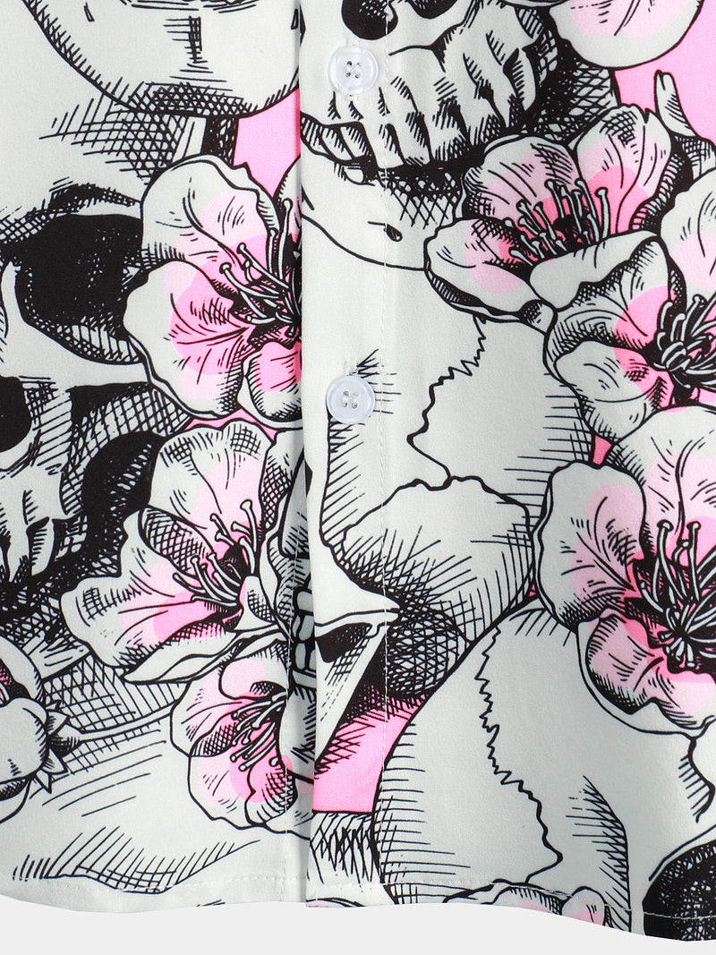 Men's Skull Pink Flowers Button Up Short Sleeve Shirts