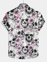 Men's Skull Pink Flowers Button Up Short Sleeve Shirts