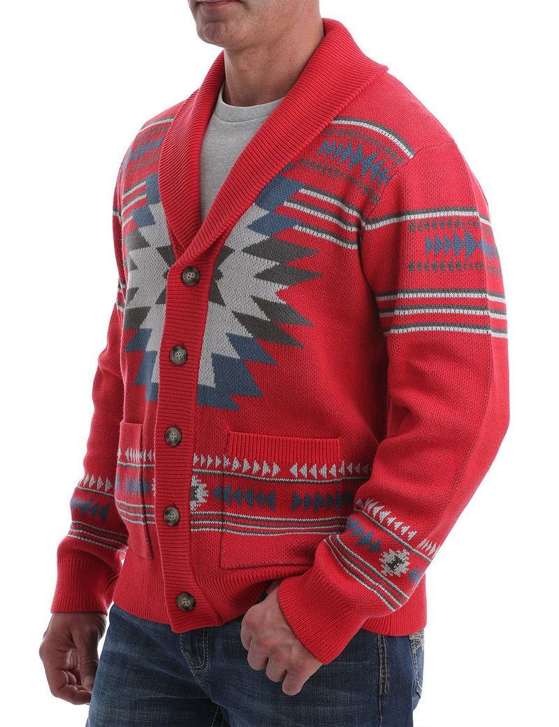 Men's Retro Print Casual Soft Red Vintage Long Sleeve Cardigan Sweater