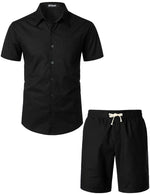 Men's Black Solid Color Linen Cotton Outfit Pocket Short Sleeve Shirt and Shorts Set