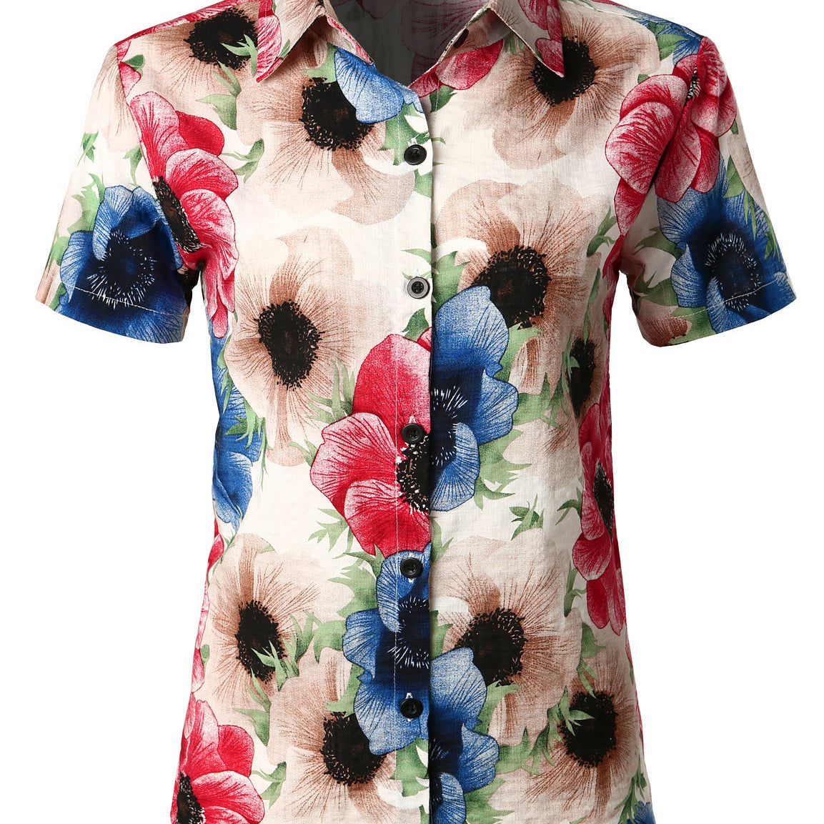 Women's Flower Print Cotton Hawaiian Short Sleeve Shirt