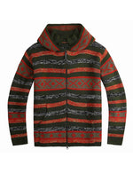 Men's Vintage Zip up Western Pattern Retro Red and Green Knit Long Sleeve Cardigan