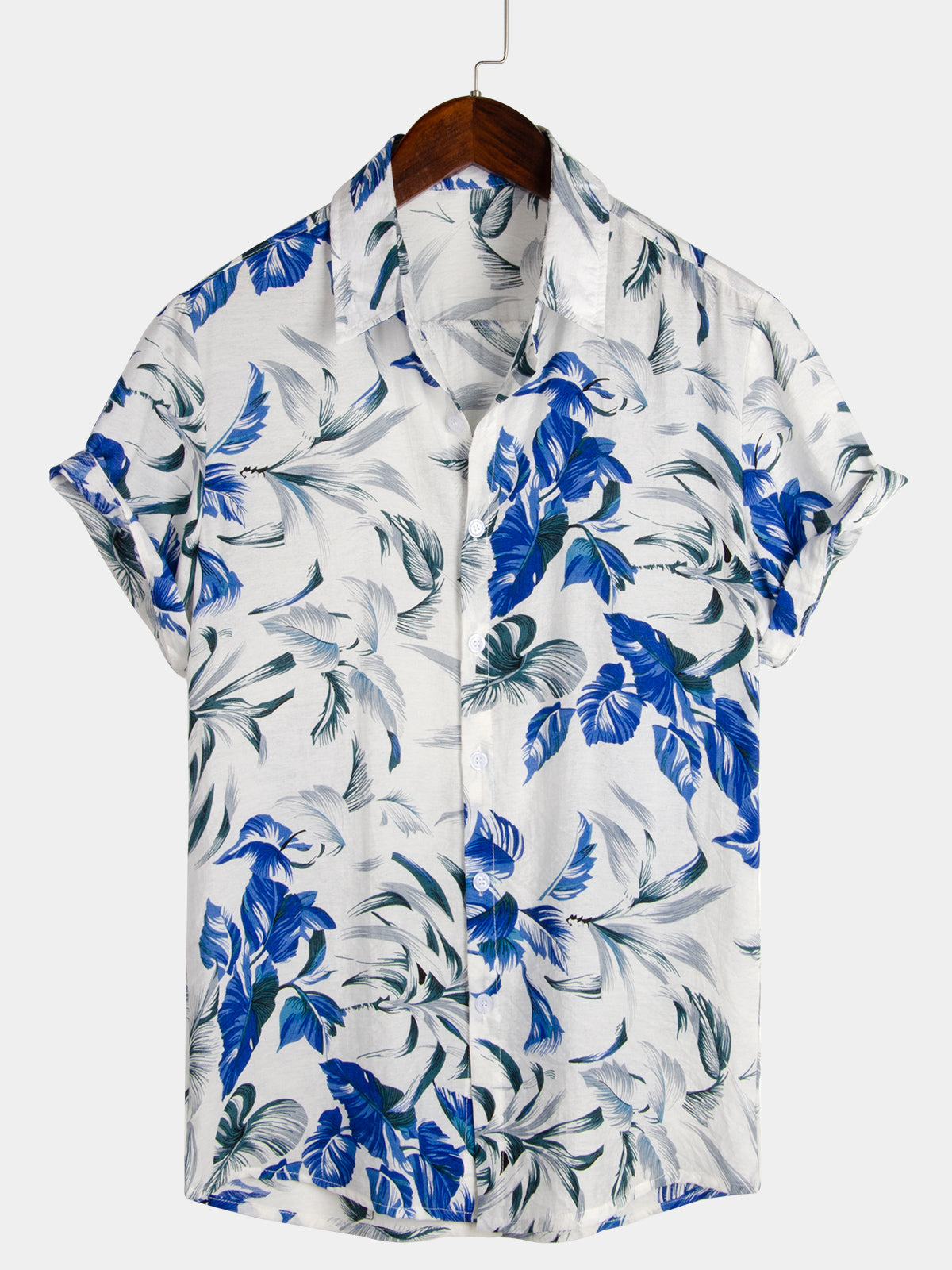 Men's Tropical Blue Leaf Vacation Short Sleeve Summer Button Up Hawaiian Shirt