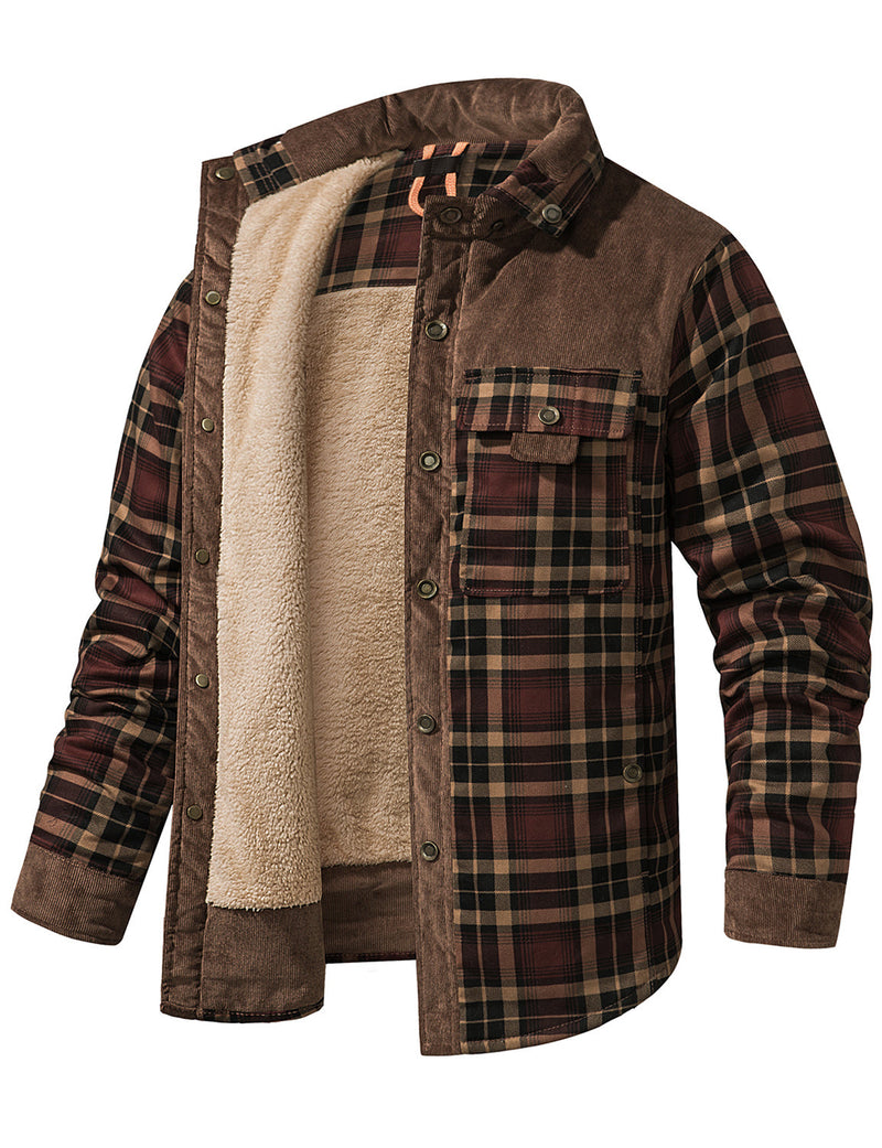 Men's Casual Plaid Flannel Fur Lined Button Up Long Sleeve Warm Shirt Jacket