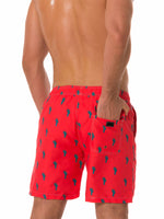 Men's Summer Cactus Print Casual Beach Red Shorts Swimming Trunks