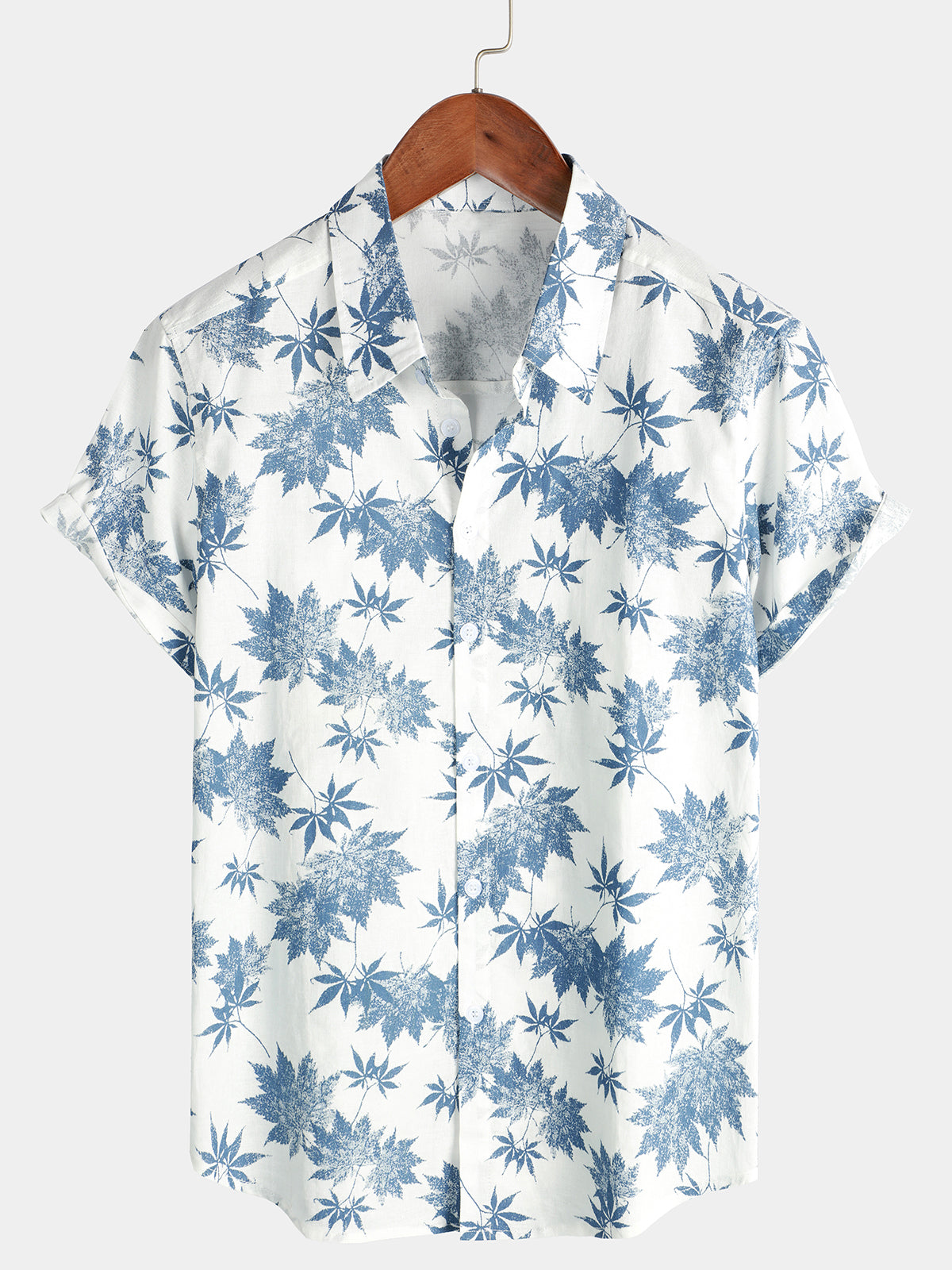 Men's Cotton Linen Maple Leaf Print Breathable Short Sleeve Shirt
