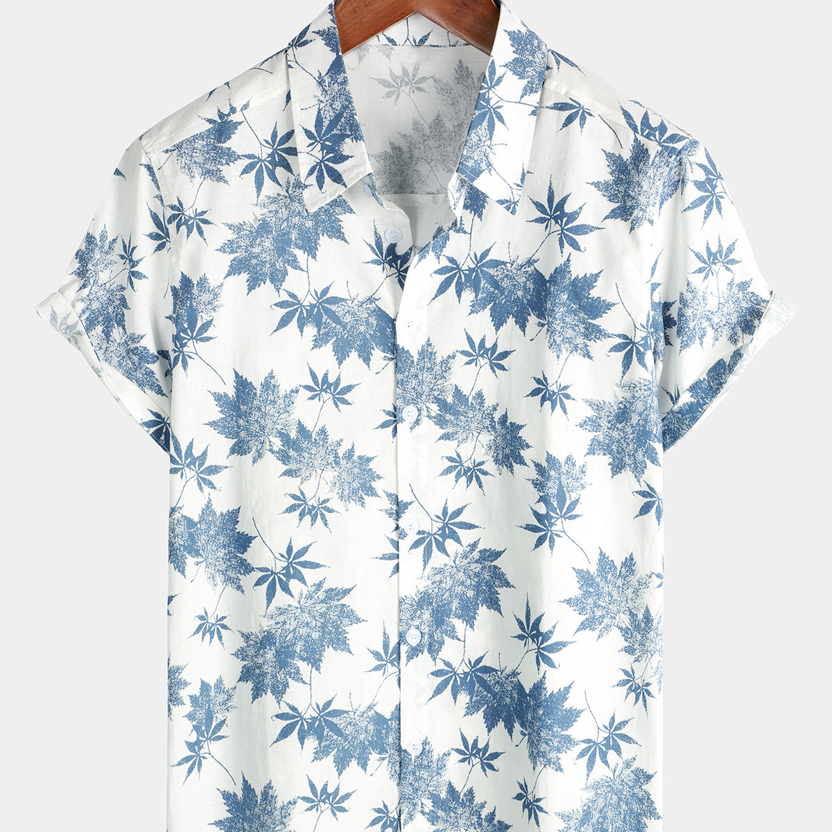 Men's Cotton Linen Maple Leaf Print Breathable Short Sleeve Shirt
