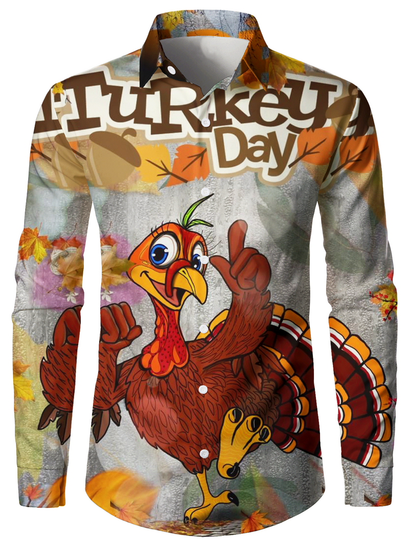 Men's Thanksgiving Funny Turkey Print Button Up Cute Animal Vacation Long Sleeve Shirt