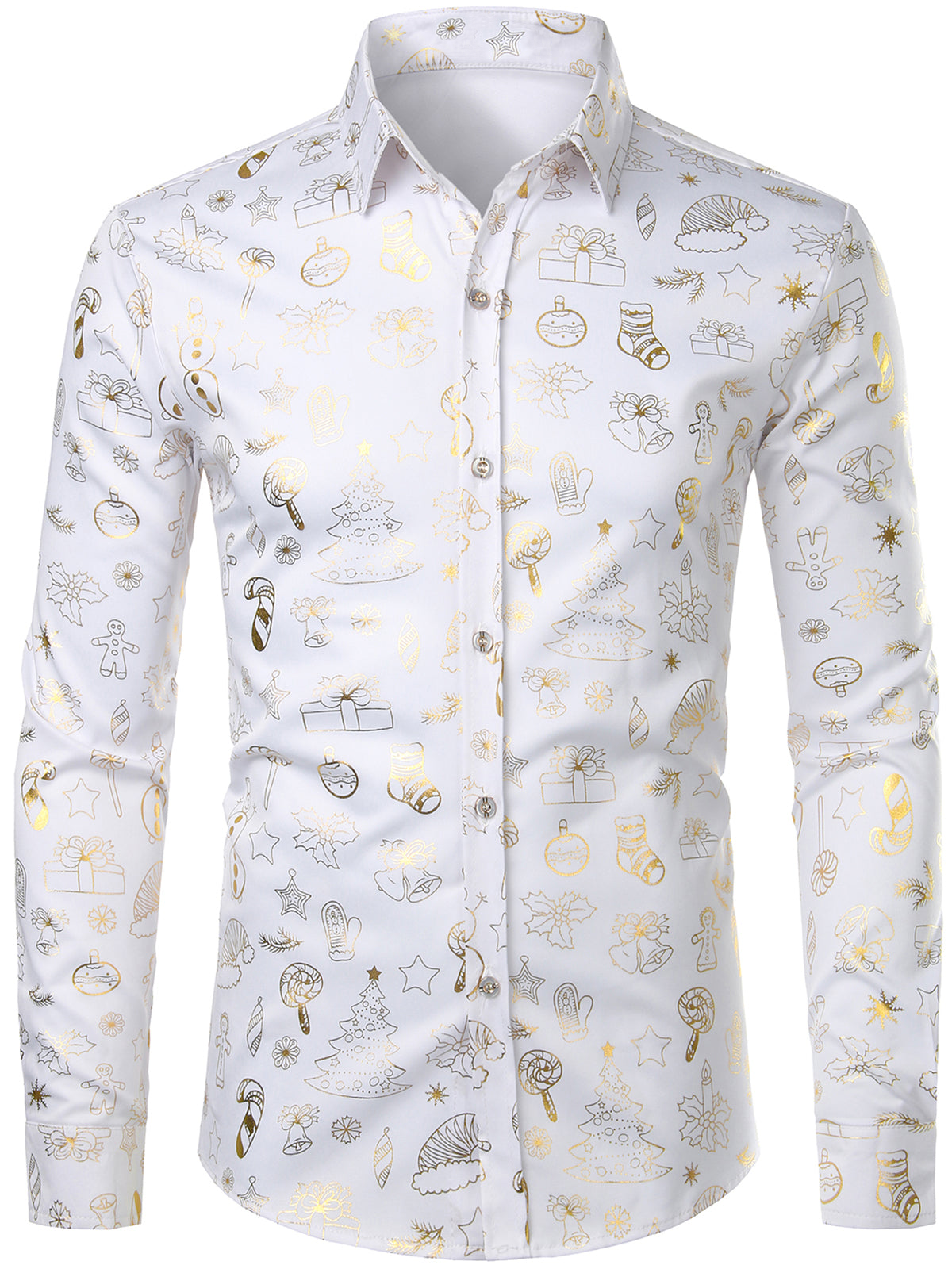 Men's Christmas Print Regular Fit White Button Down Long Sleeve Dress Shirt