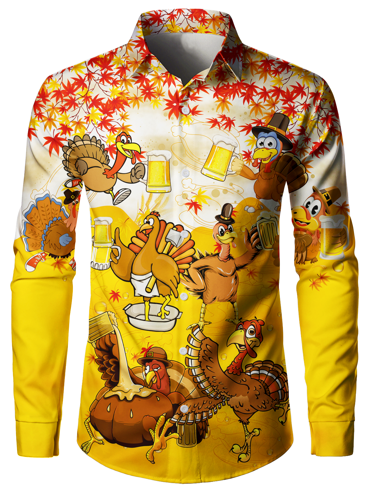 Men's Thanksgiving Beer Cute Turkey Button Up Funny Animal Maple Leaf Long Sleeve Shirt
