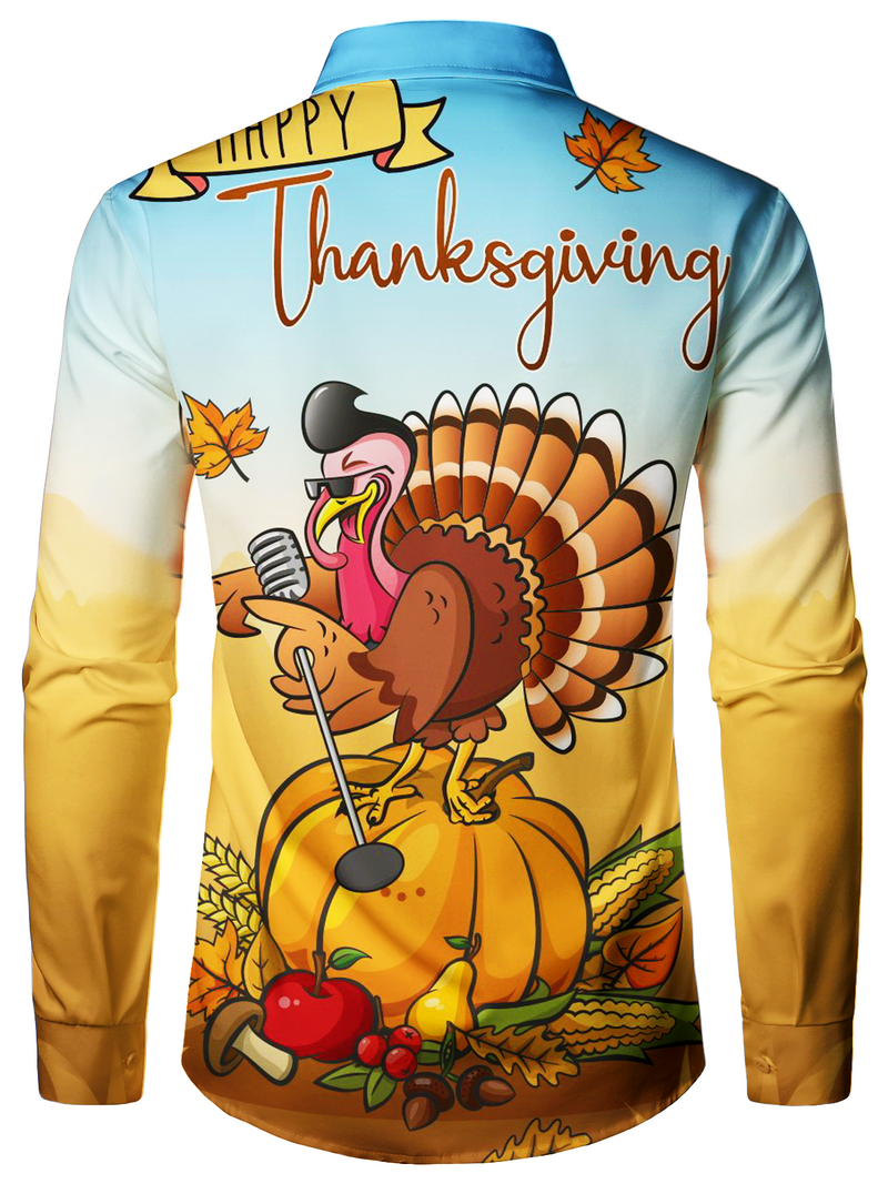 Men's Music Turkey Thanksgiving Button Up Funny Cute  Animal Holiday Long Sleeve Shirt