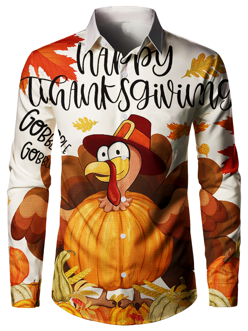 Men's Thanksgiving Turkey Pumpkin Button Up Cute Animal Thankful Vacation Long Sleeve Shirt
