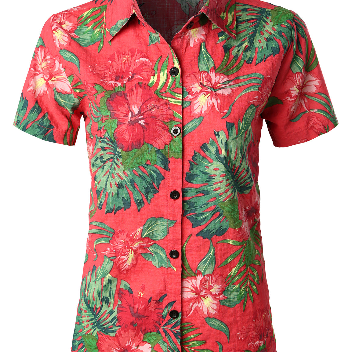 Women's Floral Print Breathable Blouse Cotton Aloha Short Sleeve Red Hawaiian Shirt