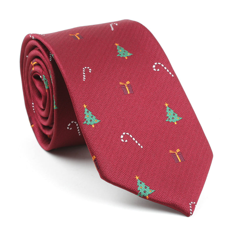 Men's Christmas Tree Candy Cane Print Burgundy Xmas Tie