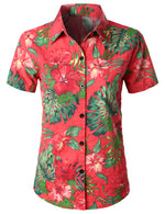 Women's Floral Print Breathable Blouse Cotton Aloha Short Sleeve Red Hawaiian Shirt