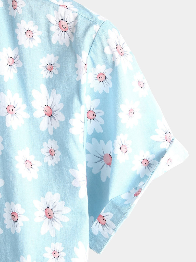 Men's Floral Daisy Print Hawaiian Cotton Button Up Summer Short Sleeve Flower Shirt