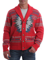 Men's Retro Print Casual Soft Red Vintage Long Sleeve Cardigan Sweater
