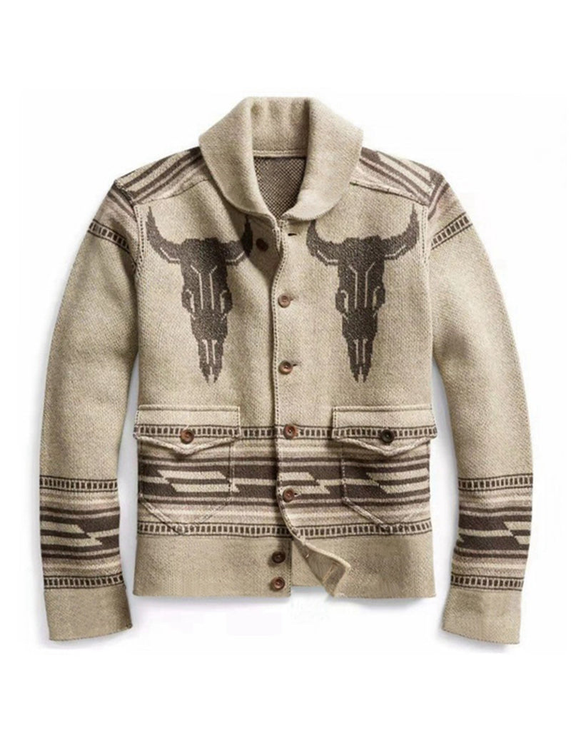 Men's Casual Vintage Western Pattern Graphic Lapel Button Fall Winter Retro Long Sleeve Cardigan