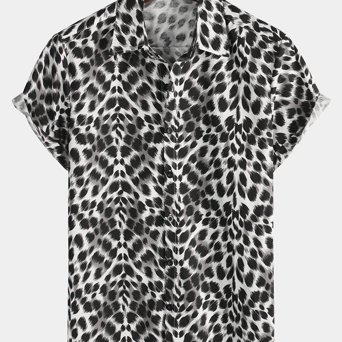 Men's Snow Leopard Animal Print Button Up Cotton Breathable Summer Short Sleeve Cool Black Cheetah Shirt
