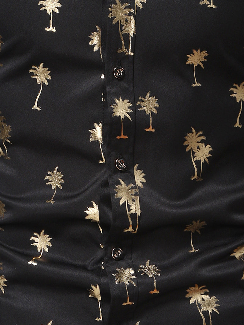 Men's Casual Golden Palm Tree Print Button Up Short Sleeve Hawaiian Shirt