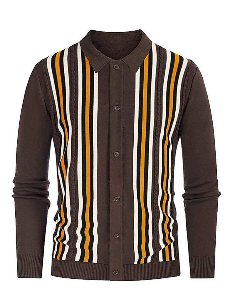 Men's Vintage Striped Button Up Knit Polo Shirt Brown Cardigan Sweater