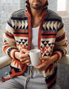 Men's Vintage Print Zip Casual Soft Fall Winter Long Sleeve Cardigan Sweater