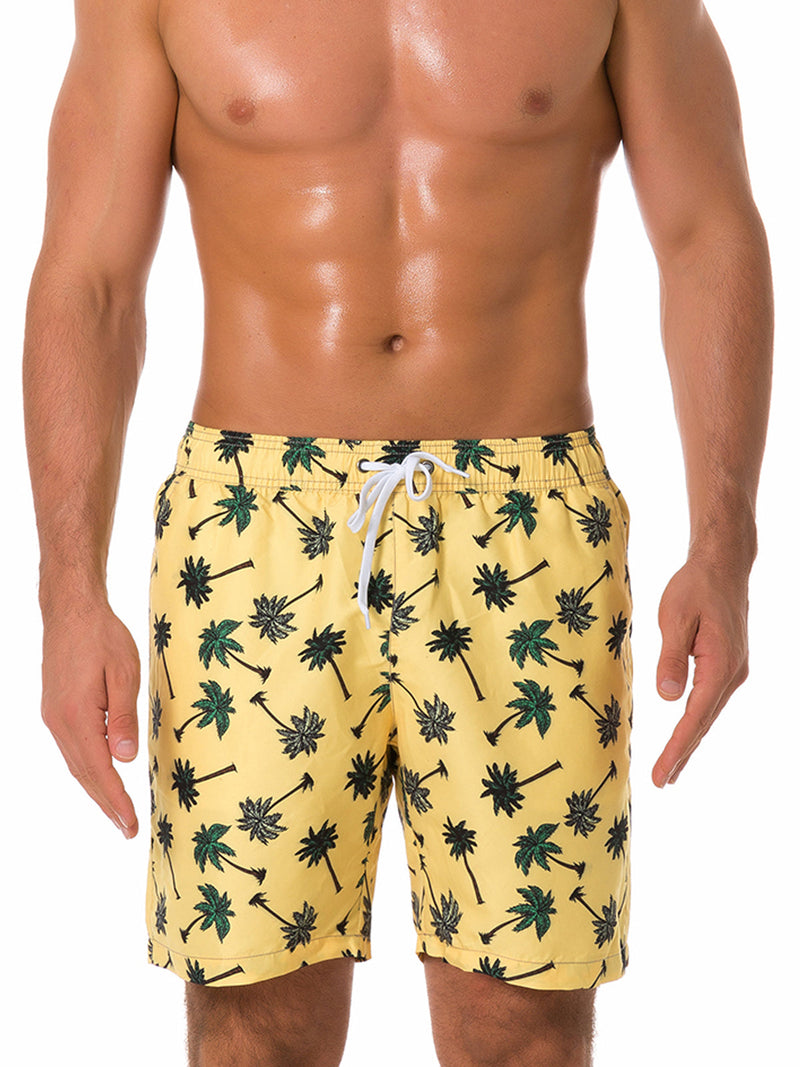 Men's Casual Summer Palm Tree Beach Yellow Shorts Swimming Trunks